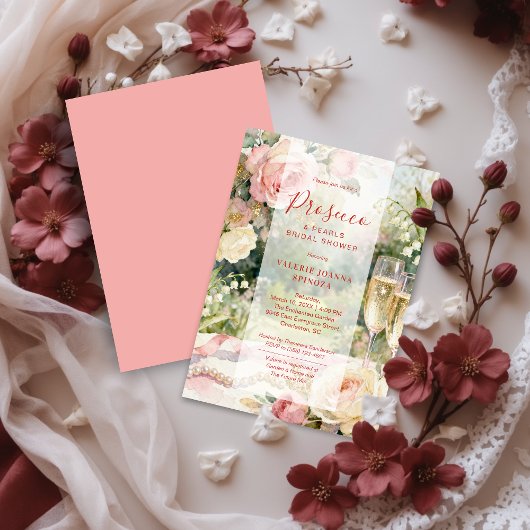 Pink Chic Prosecco & Pearls Glitter Bridal Shower Kaart