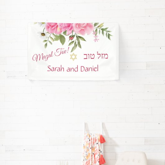 Pink Chiffon Rozen Wedding Gefeliciteerd Spandoek (Insitu)