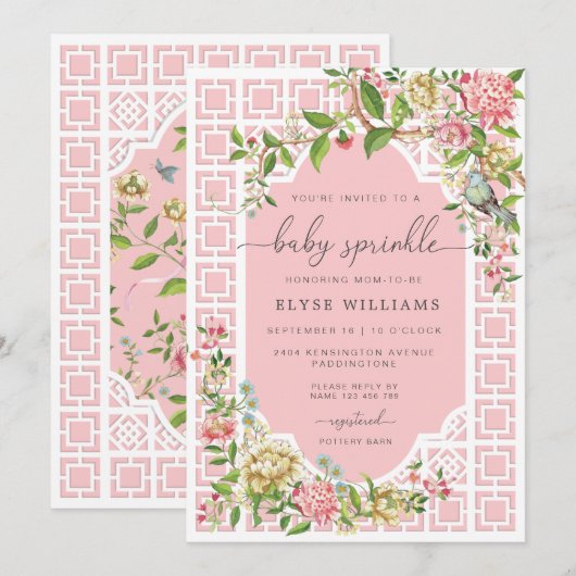 Pink Chinoiserie Baby Sprinkle Invitation Trianon Kaart (Voorkant / Achterkant)