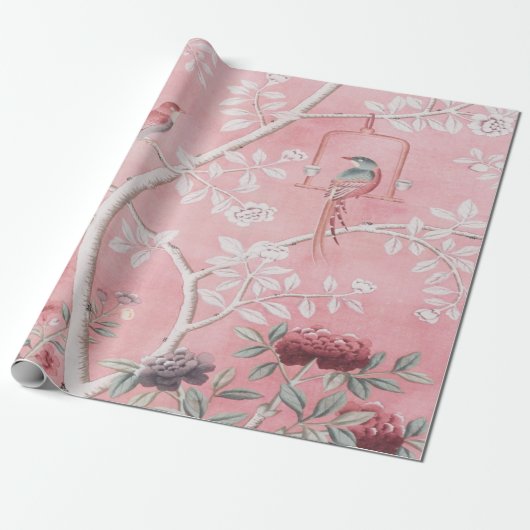 Pink Chinoiserie Bird Decoupage Cadeaupapier (Uitgerold)