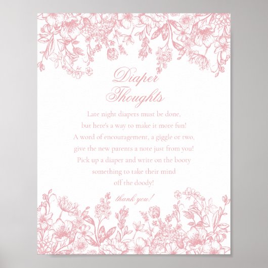 Pink Chinoiserie Flora Diaper Thoughts Baby Shower Poster (Voorkant)
