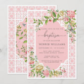 Pink Chinoiserie Floral Baptism Invitation Trianon Kaart (Voorkant / Achterkant)