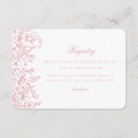 Pink Chinoiserie Floral Bridal Registry Card Informatiekaartje (Voorkant)