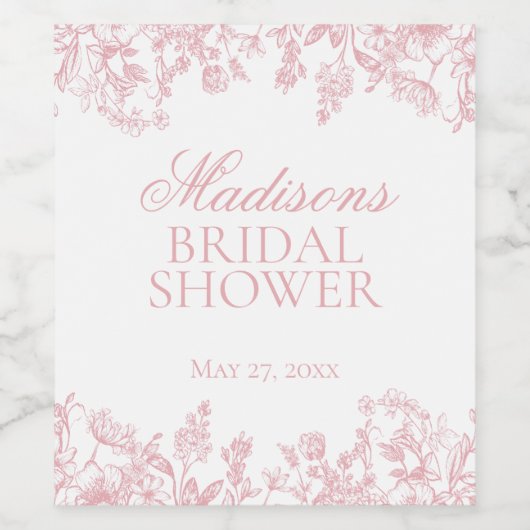 Pink Chinoiserie Floral Bridal Shower Favors Wijn Etiket (Enkel label)
