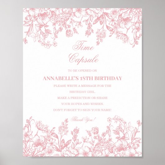 Pink Chinoiserie Floral Time Capsule Baby Birthday Poster (Voorkant)
