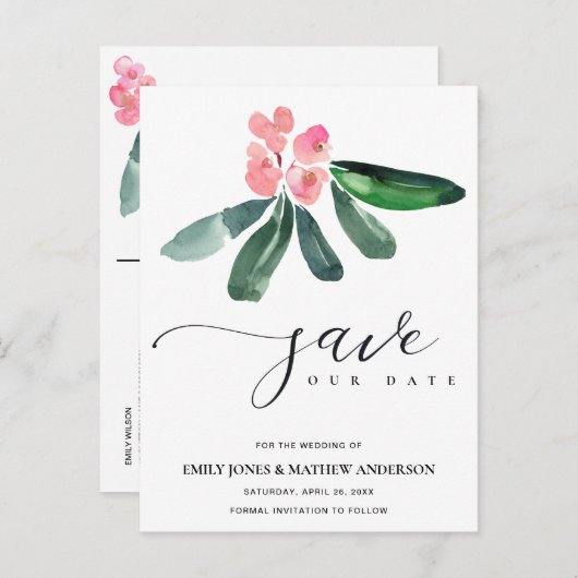 PINK CHRIST THORN BLOOM WATERVERF BEWAREN DE DATUM AANKONDIGINGSKAART (Voorkant / Achterkant)