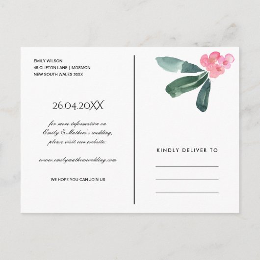 PINK CHRIST THORN BLOOM WATERVERF BEWAREN DE DATUM AANKONDIGINGSKAART (Achterkant)