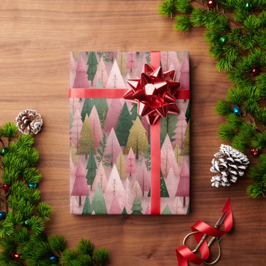 Pink Christmas Art with Gold Branches Cadeaupapier (Feestdagen Geschenken)