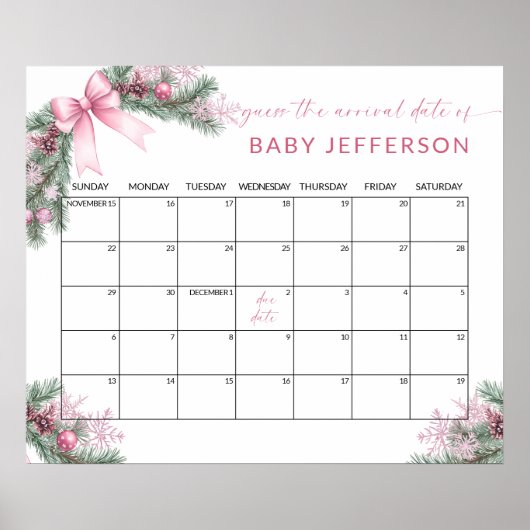 Pink Christmas Baby Shower Guess Due Date Calendar Poster (Voorkant)