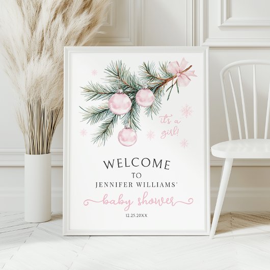 Pink Christmas Baby Shower Welcome Sign Poster