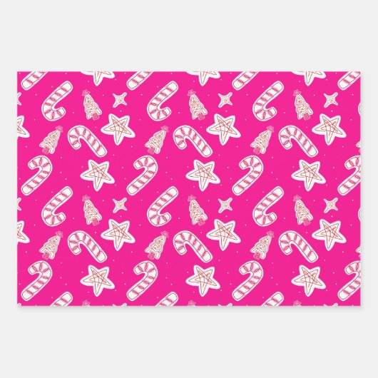 Pink Christmas- Candy Canes, Stars & Trees Pattern Inpakpapier Vel (Voorkant 2)