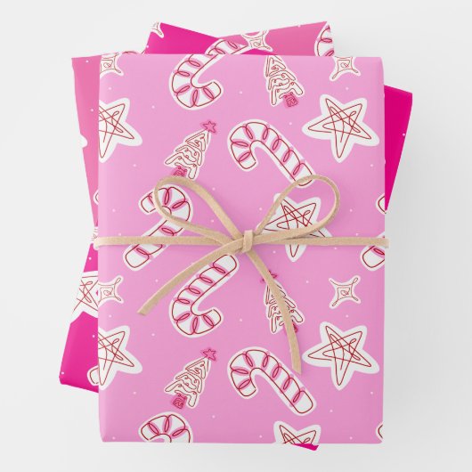 Pink Christmas- Candy Canes, Stars & Trees Pattern Inpakpapier Vel (In situ)