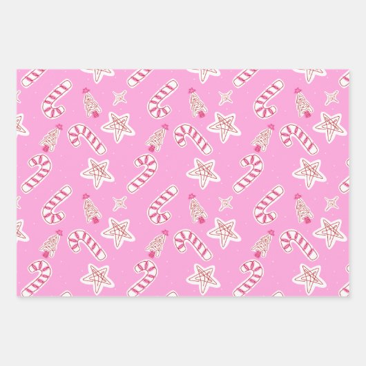 Pink Christmas- Candy Canes, Stars & Trees Pattern Inpakpapier Vel (Voorkant)