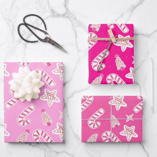 Pink Christmas- Candy Canes, Stars & Trees Pattern Inpakpapier Vel (Voorkant)