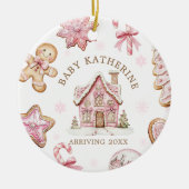 Pink Christmas Gingerbread Cookie Baby Arriving Keramisch Ornament (Voorkant)