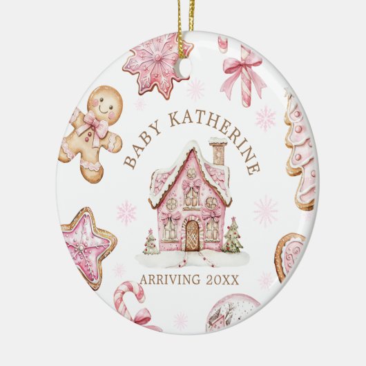 Pink Christmas Gingerbread Cookie Baby Arriving Keramisch Ornament (Links)