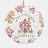 Pink Christmas Gingerbread Cookie Baby Arriving Keramisch Ornament (Achterkant)