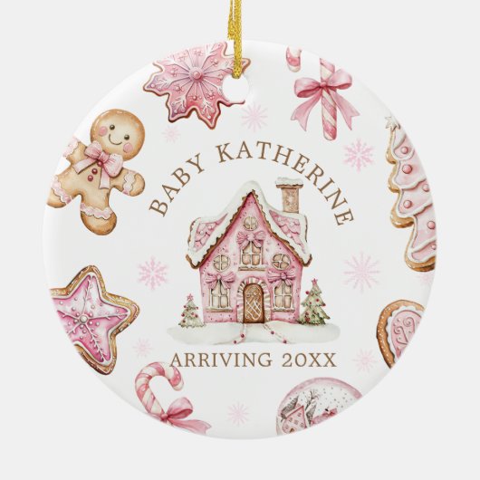 Pink Christmas Gingerbread Cookie Baby Arriving Keramisch Ornament (Achterkant)