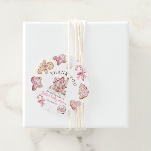 Pink Christmas Gingerbread Cookies Baby Shower Bedankjes Labels (In situ)