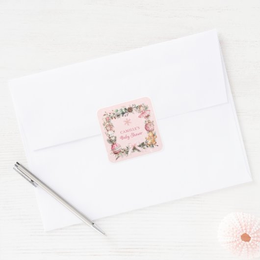 Pink Christmas Girl Baby shower Vierkante Sticker (Envelop)
