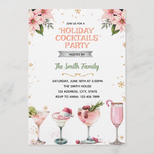 Pink Christmas Girls Night cocktails invitation Kaart (Voorkant)