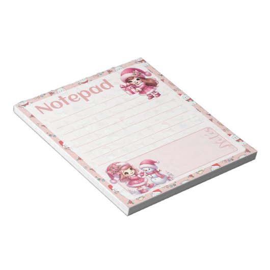 Pink Christmas Girls Snowman Winter Party Notitieblok (Schuin)