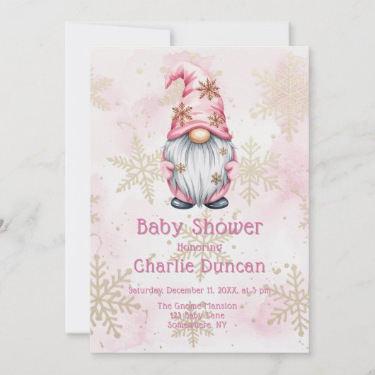 Pink Christmas Gnome Gold Snowflakes Baby Shower Kaart (Voorkant)