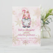 Pink Christmas Gnome Gold Snowflakes Baby Shower Kaart (Staand voorkant)