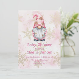 Pink Christmas Gnome Gold Snowflakes Baby Shower Kaart