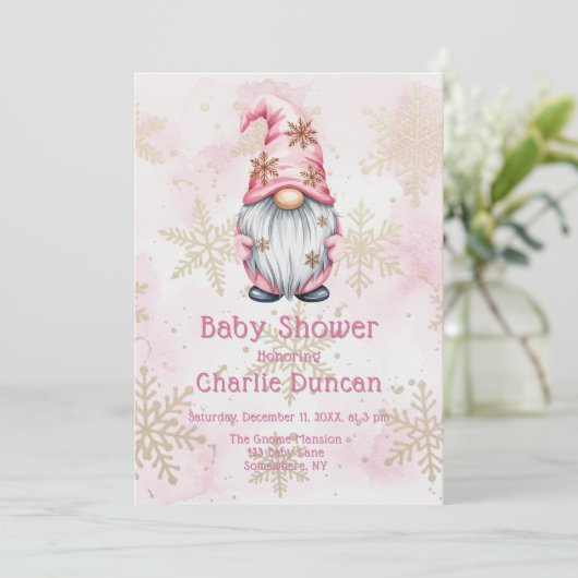 Pink Christmas Gnome Gold Snowflakes Baby Shower Kaart (Staand voorkant)