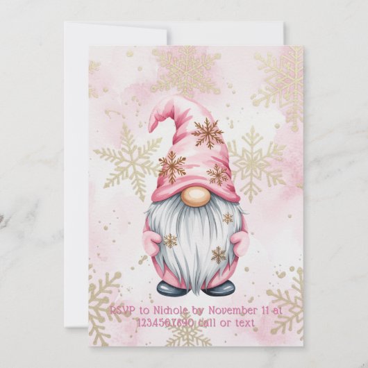 Pink Christmas Gnome Gold Snowflakes Baby Shower Kaart (Achterkant)