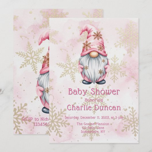 Pink Christmas Gnome Gold Snowflakes Baby Shower Kaart (Voorkant / Achterkant)