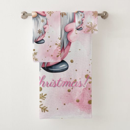 Pink Christmas Gnome Gold Snowflakes Bad Handdoek (Insitu)
