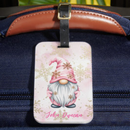 Pink Christmas Gnome Gold Snowflakes Bagagelabel