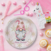 Pink Christmas Gnome Gold Snowflakes Papieren Bordje (Feest)