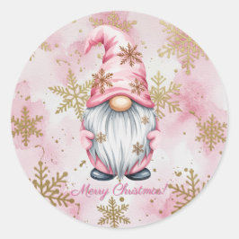 Pink Christmas Gnome Gold Snowflakes Ronde Sticker