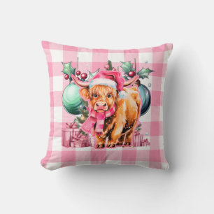 Pink Christmas Highland Koe Merry Christmas Plaid Kussen