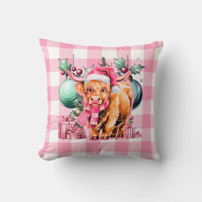 Pink Christmas Highland Koe Merry Christmas Plaid Kussen (Voorkant)