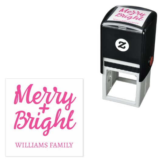 Pink Christmas Merry Bright Familienaam Zelfinktende Stempel (In situ)