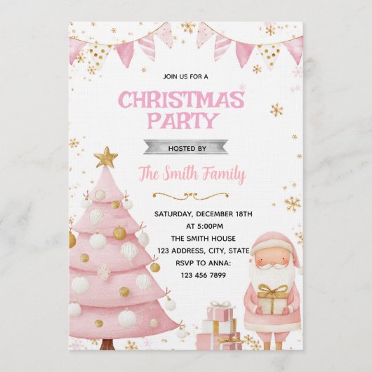 Pink Christmas Party Invitation Kaart (Voorkant)