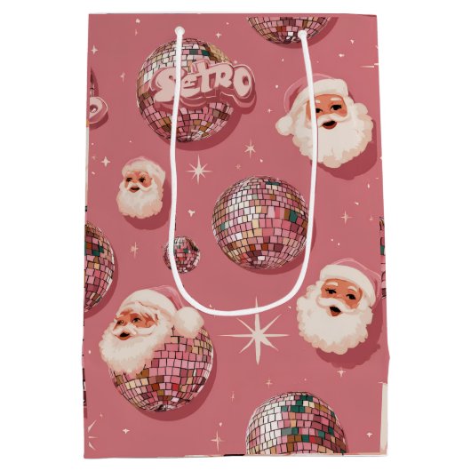Pink Christmas Retro Santa Gift Bag Medium Cadeauzakje (Achterkant)