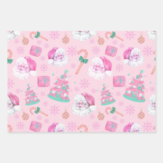 Pink Christmas Santa Clau & Tree Seamless Pattern Inpakpapier Vel (Voorkant 3)