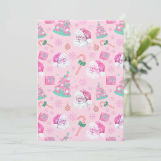 Pink Christmas Santa Clau & Tree Seamless Pattern Kaart (Staand voorkant)