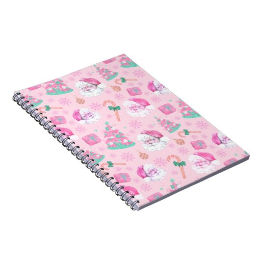 Pink Christmas Santa Clau & Tree Seamless Pattern Notitieboek (Rechterzijde)