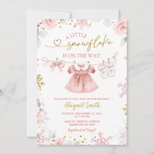 Pink Christmas Snowflake clothesline Baby Shower Kaart (Voorkant)