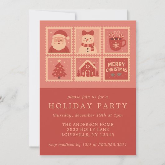 Pink Christmas Stamp Collage Invitations Kaart (Voorkant)