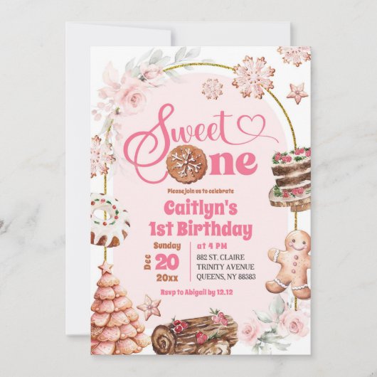 Pink Christmas Sweet One Winter Eerste Verjaardag Kaart (Voorkant)