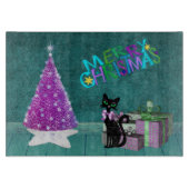 Pink Christmas Tree Black Cat Wrapped Present Teal Snijplank (Voorkant)