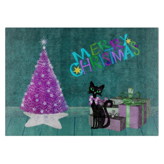 Pink Christmas Tree Black Cat Wrapped Present Teal Snijplank (Voorkant)