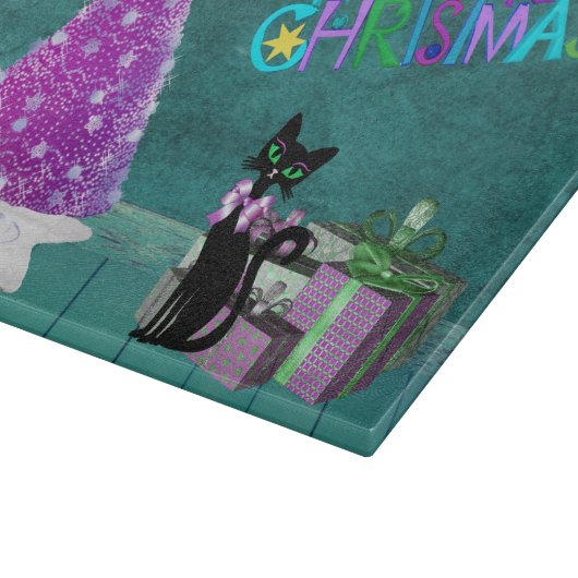 Pink Christmas Tree Black Cat Wrapped Present Teal Snijplank (Hoek)